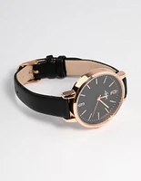 Rose Gold Faux Leather Black Face Watch