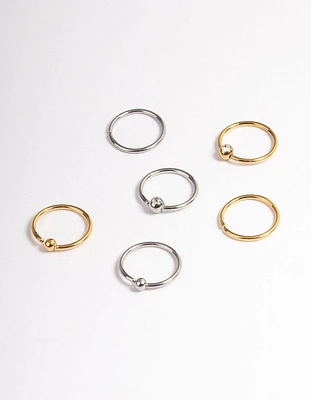 Mixed Metal Surgical Steel Ball & Cubic Zirconia Ring Nose 6-Pack