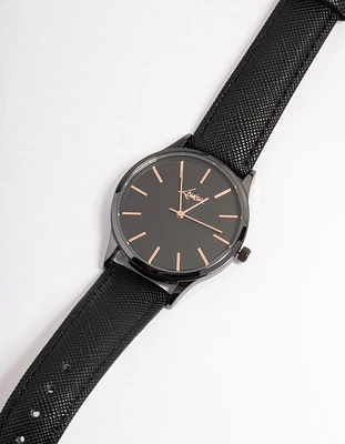Rose Gold Texture Black Leather Basic Watch
