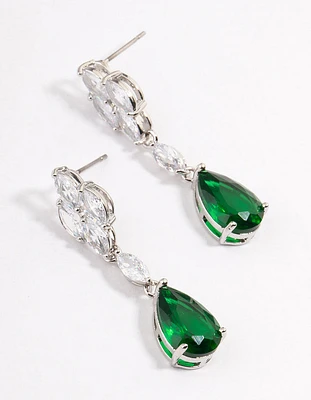 Rhodium Green Pear Drop Diamond Earrings