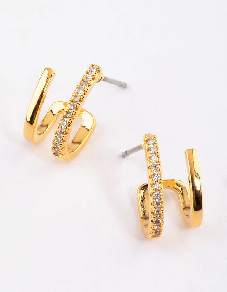 Gold Plated Mini Diamante Double Cuff Earrings