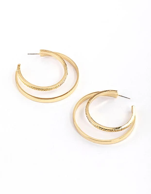 Gold Large Two Layer Diamante Plain Hoop Earrings