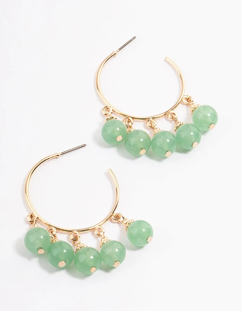 Gold Green Aventurine Beaded Hoop Earrings