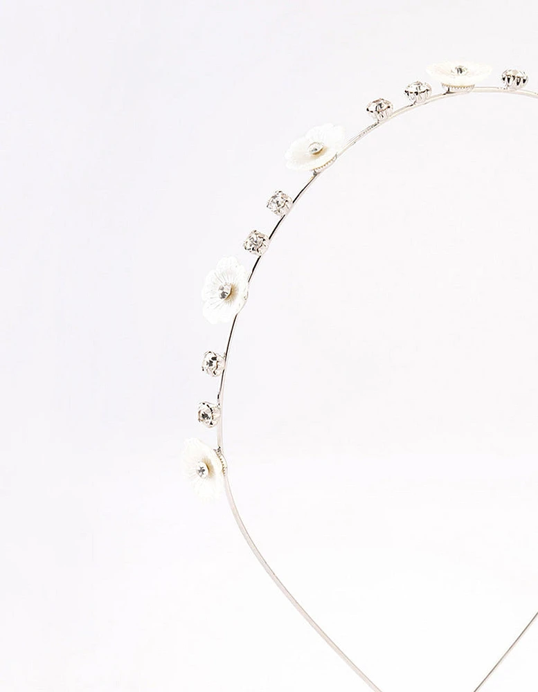 Rhodium Pearly Diamante Flower Headband