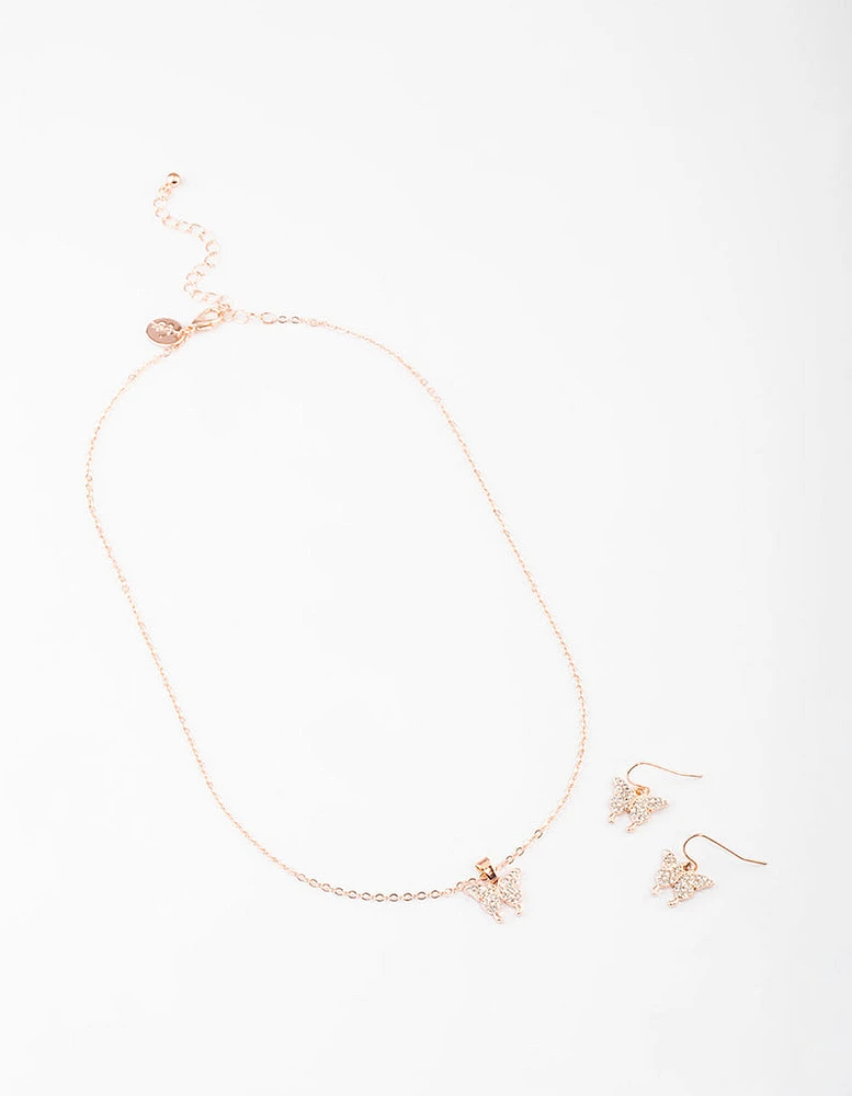 Rose Gold Butterfly Necklace & Drop Earrings Set