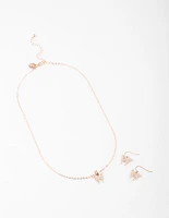Rose Gold Butterfly Necklace & Drop Earrings Set