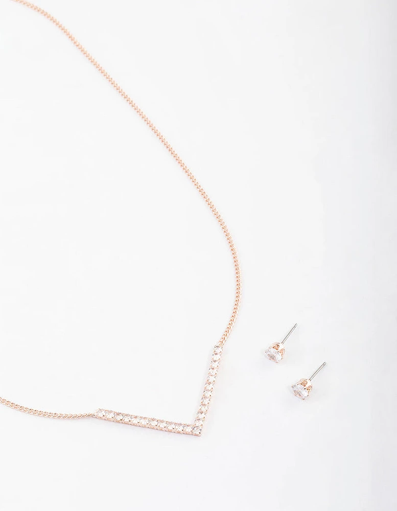 Rose Gold Cubic Zirconia V Necklace & Stud Earrings Set