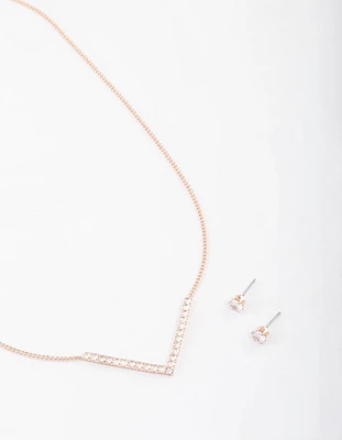 Rose Gold Cubic Zirconia V Necklace & Stud Earrings Set