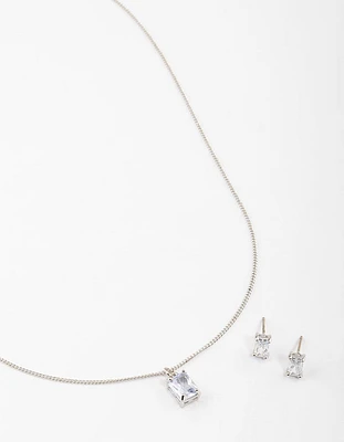 Rhodium Cubic Zirconia Emerald Cut Necklace & Stud Earrings Set