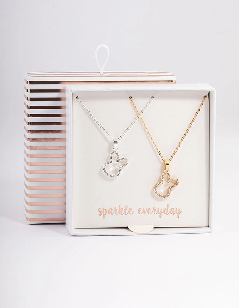 Mixed Metal Pave Diamante Bunny Necklace Pack