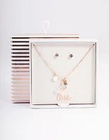 Rose Gold Bunny Diamante Necklace & Stud Earrings