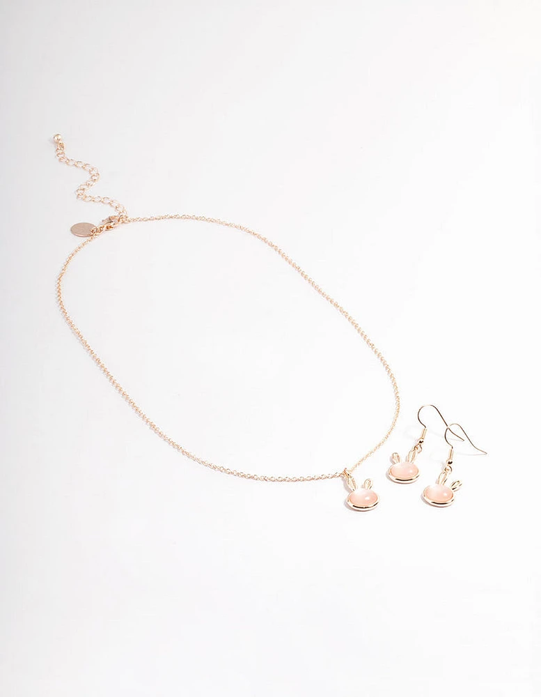 Rose Gold Blush Bunny Necklace & Drop Earrings Set