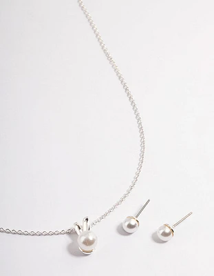 Silver Pearl Bunny Necklace & Stud Earrings