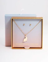 Gold Bunny Pendant Necklace & Stud Earrings Set