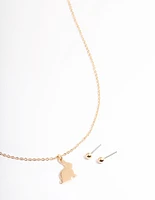 Gold Bunny Pendant Necklace & Stud Earrings Set