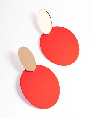 Red Oval Disc Drop Earrings