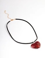 Large Red Puffy Heart Suede Cord Necklace