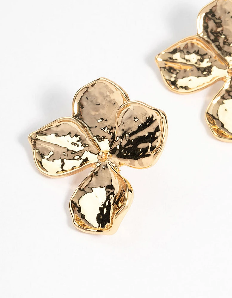 Gold Plated Brass Hammered Petal Stud Earrings