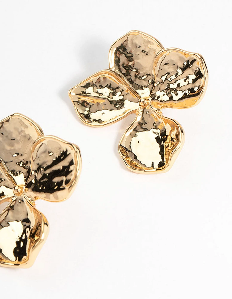 Gold Plated Brass Hammered Petal Stud Earrings