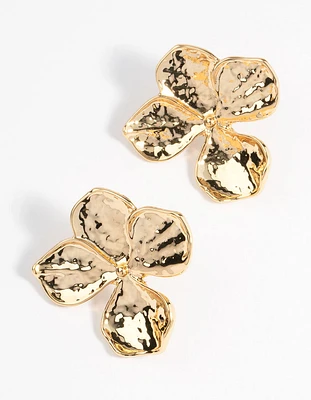 Gold Plated Brass Hammered Petal Stud Earrings