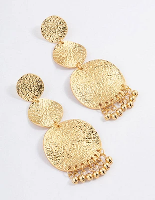 Gold Plated Brass Hammered Trio Drop Earrings