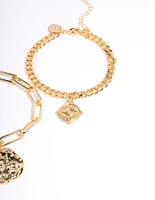 Gold Plated Brass Chain Link Disc Bracelet Pack
