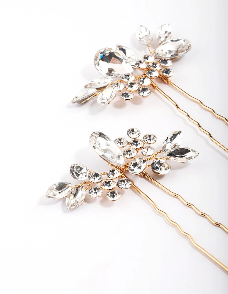 Gold Crystal Leaf Hair Pins Pack