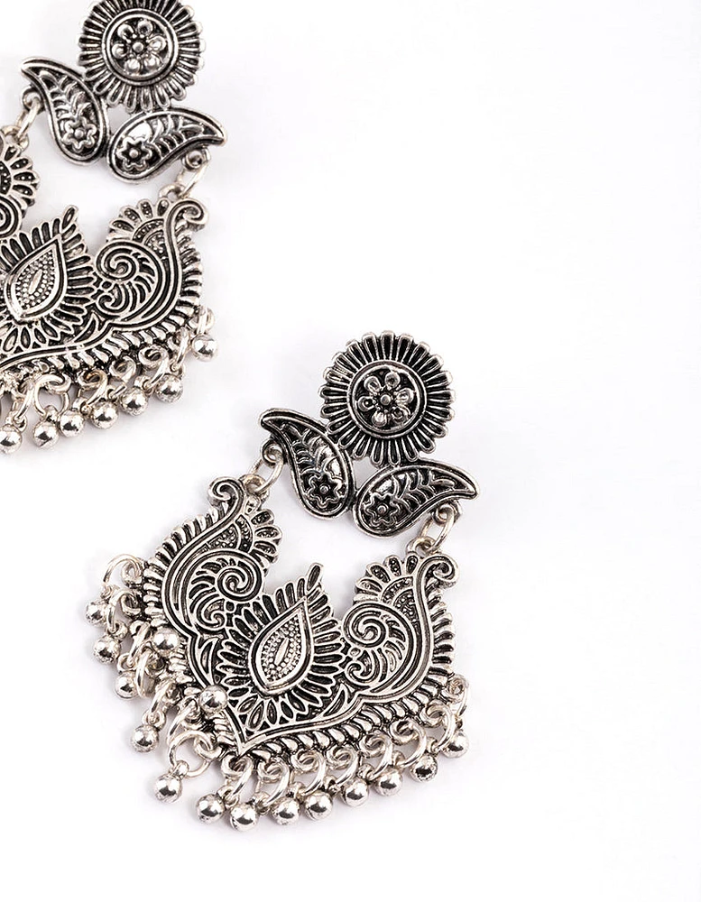 Antique Silver Filigree Bead Drop Jhumka Earrings