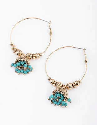 Antique Gold Blue Bead Hoop Jhumka Earrings