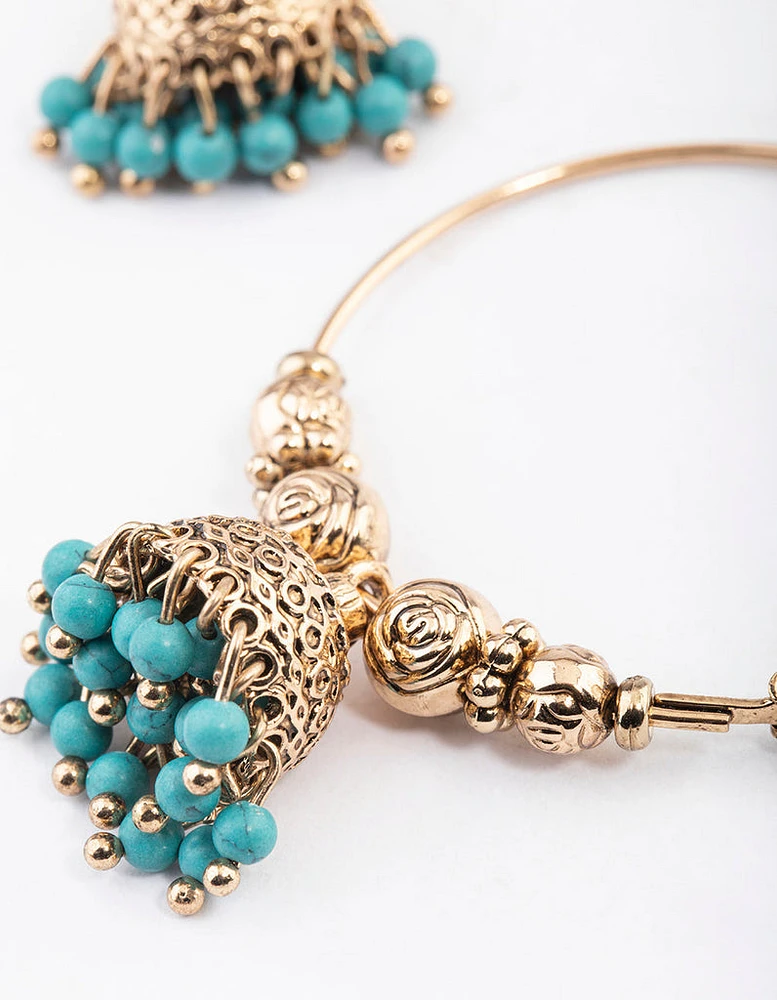 Antique Gold Blue Bead Hoop Jhumka Earrings