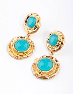Gold & Turquoise Molten Round Drop Earrings