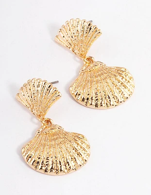 Gold Half Shell Double Drop Earrings