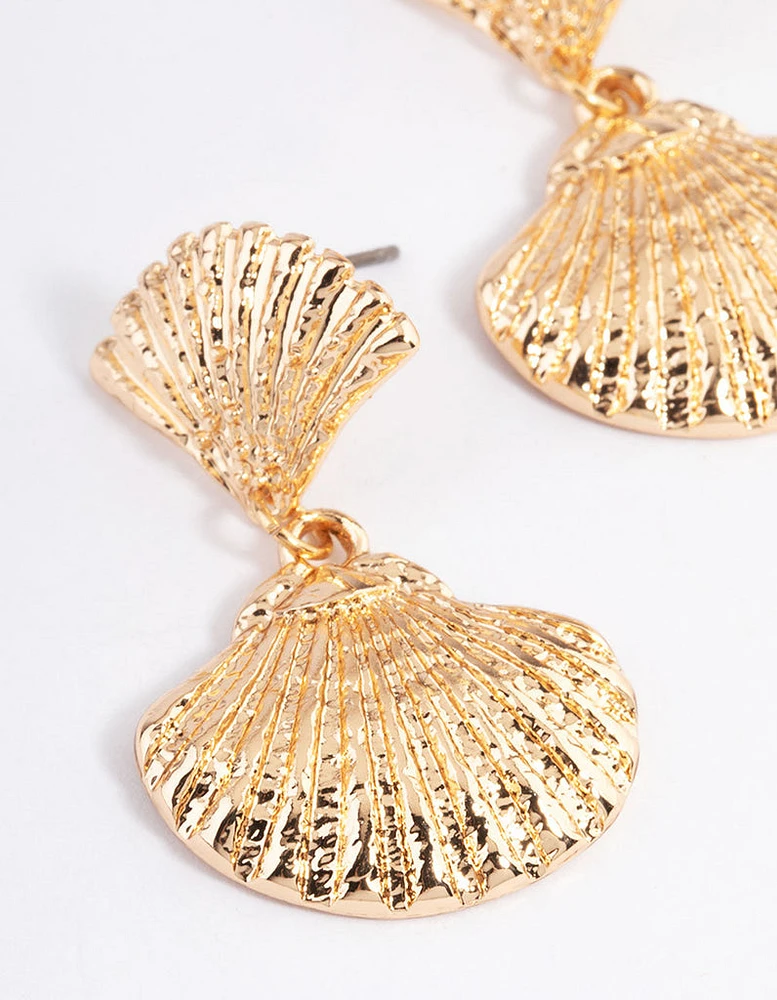 Gold Half Shell Double Drop Earrings