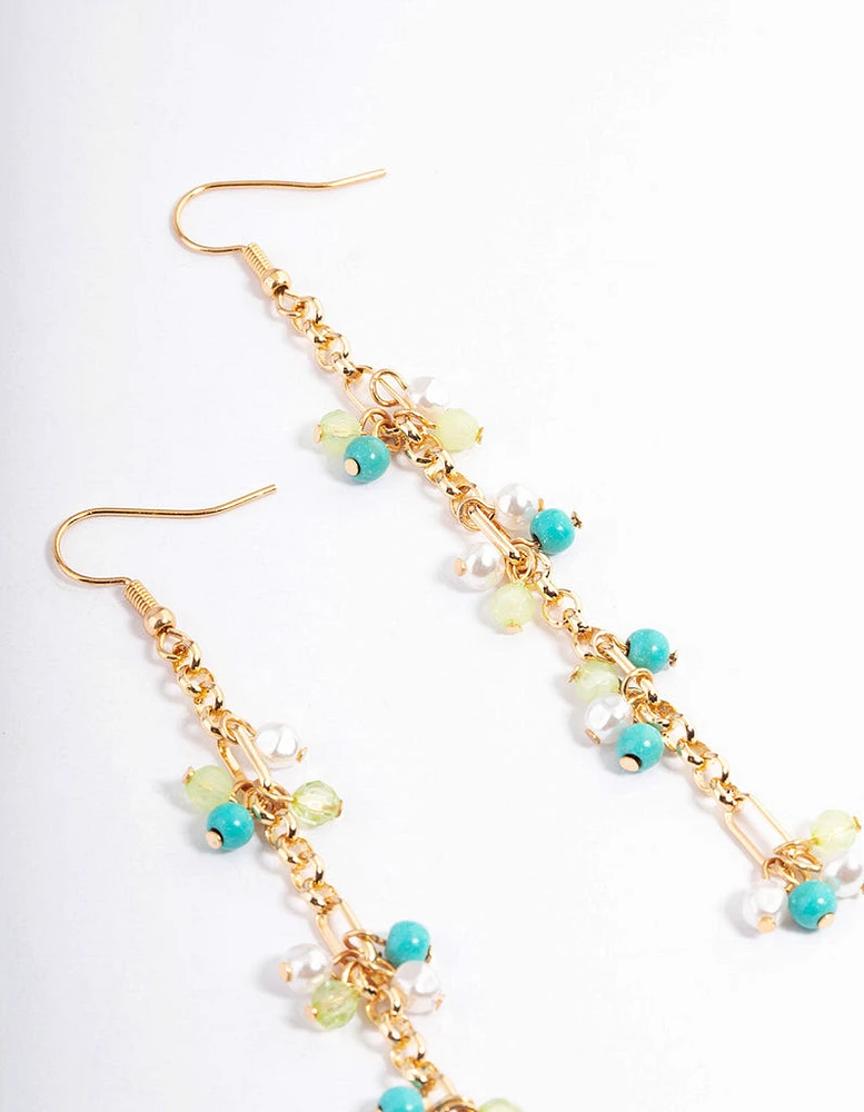 Gold Mixed Bead Cluster Chain Drop Earrings