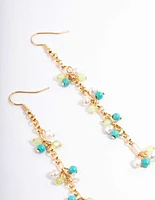 Gold Mixed Bead Cluster Chain Drop Earrings