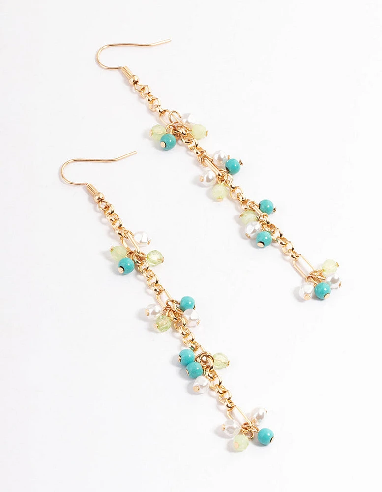 Gold Mixed Bead Cluster Chain Drop Earrings