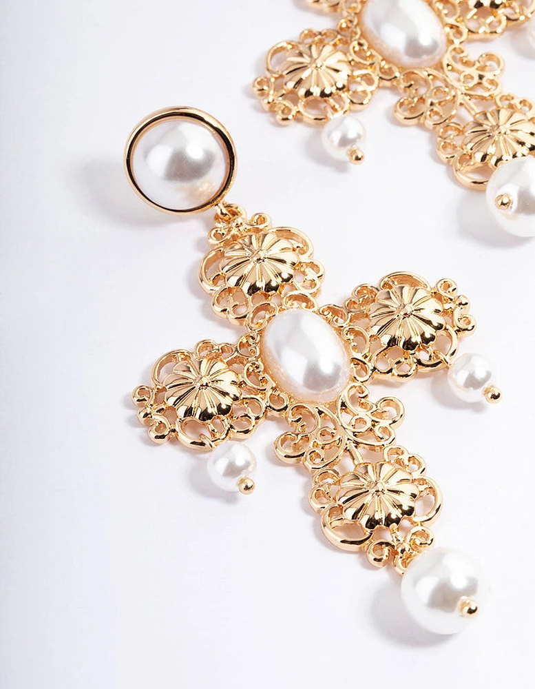 Gold Pearl Filigree Statement Cross Earrings