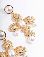 Gold Pearl Filigree Statement Cross Earrings