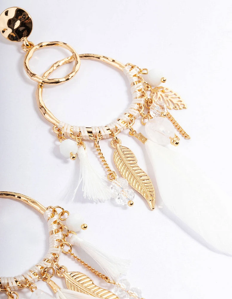 Gold Thread Bead Feather Earrings