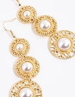 Gold Pearl Three Drop Vintage Earrings