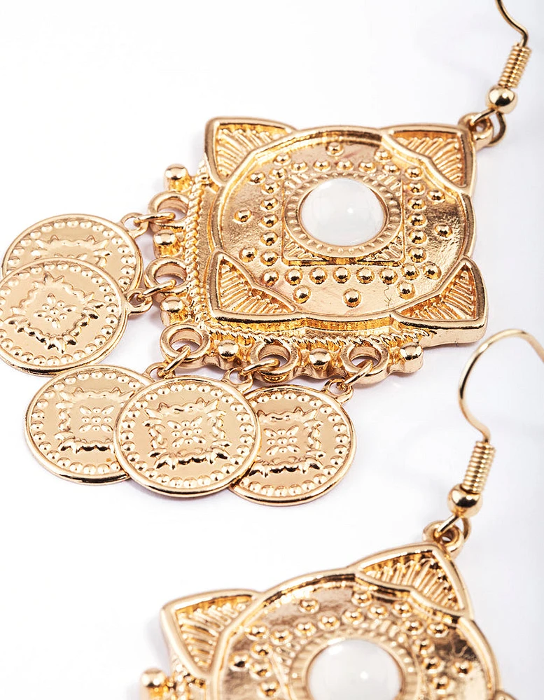 Gold Stone Stamp Disc Tassel Earrings