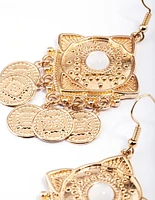 Gold Stone Stamp Disc Tassel Earrings