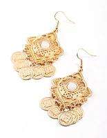 Gold Stone Stamp Disc Tassel Earrings