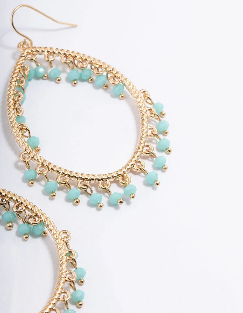 Gold Oval Teardrop Blue Bead Chandbali Earrings