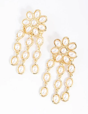 Gold Statement Pearl Flower Drop Earrings