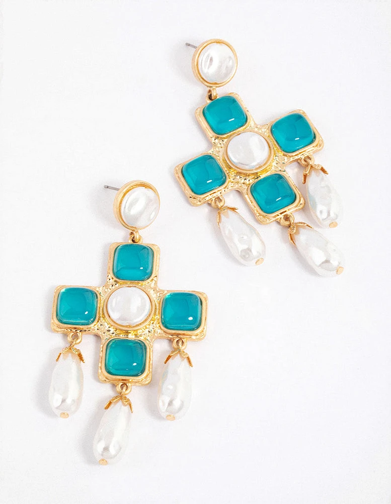 Gold Statement Stone Pearl Cross Earrings