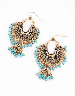 Antique Gold Turquoise Blue Bead Drop Jhumka Earrings