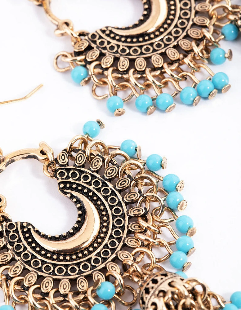 Antique Gold Turquoise Blue Bead Drop Jhumka Earrings