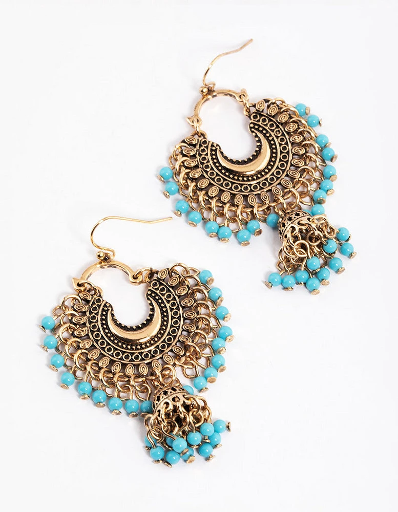 Antique Gold Turquoise Blue Bead Drop Jhumka Earrings