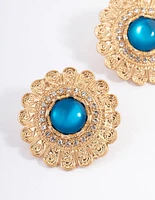 Gold Vintage Stone Filigree Stud Earrings